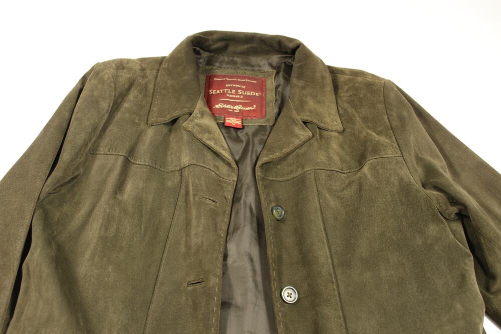 Eddie Bauer Seattle Suede Womens M Olive Green Genuine Leather Jacket Washable